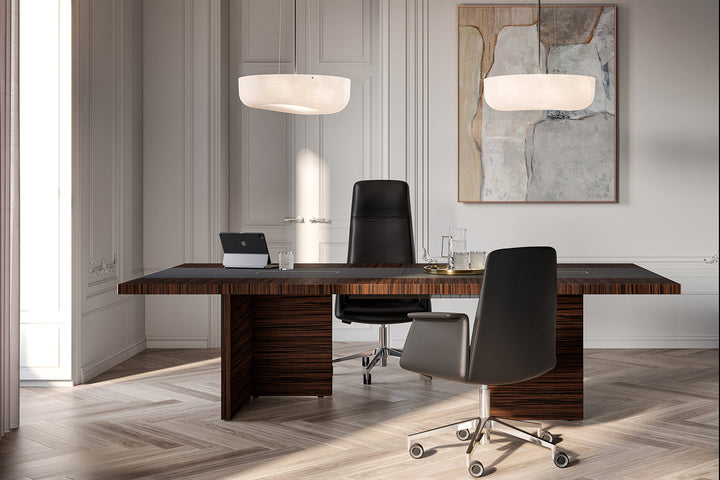 Quadrifoglio e-10 Wood veneer desk with RH/LH return unit, supporting cabinet and lacquered legs