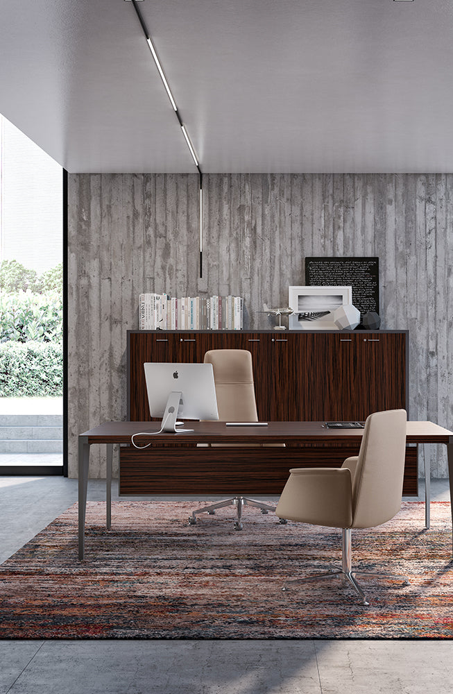Quadrifoglio X9 Wood veneer desk with RH return unit, lacquered supporting cabinet and static pedestal