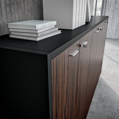 Quadrifoglio X9 Wood veneer desk with LH return unit, desktop with leather inlay, lacquered supporting cabinet and static pedestal