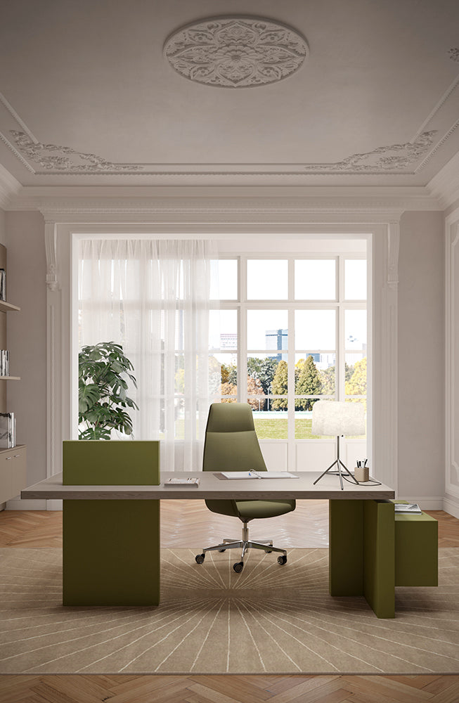 Quadrifoglio X12 LH L-shaped desk with veneer tops and leather inlay, lacquered LH panel end legs and RH monolith leg with three height adjustable columns