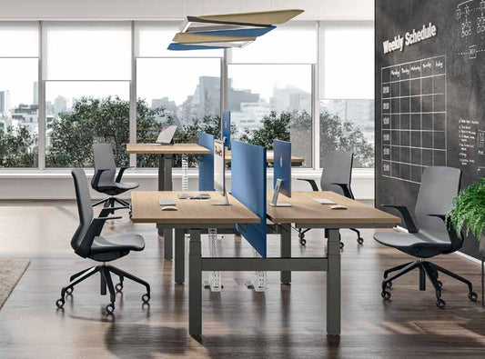 Quadrifoglio Up&Up Electrically height adjustable 2-person bench on three-stage legs — original manufacturer catalogue photograph; selected configuration may vary