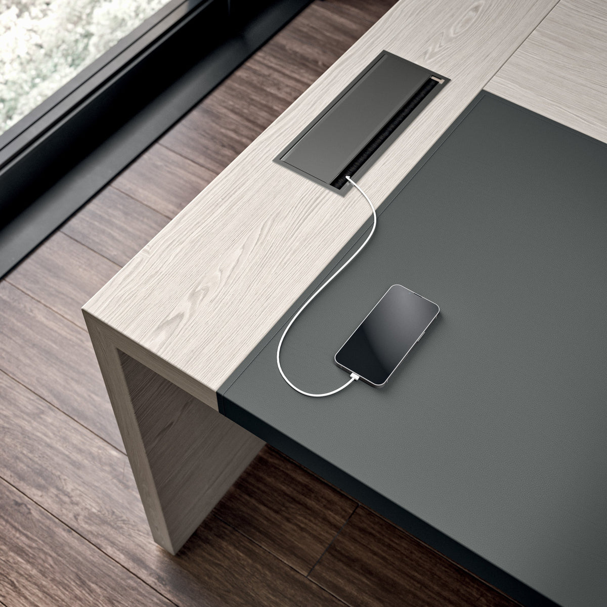 Quadrifoglio e-10 Wood veneer desk with RH/LH return unit, supporting cabinet and lacquered legs