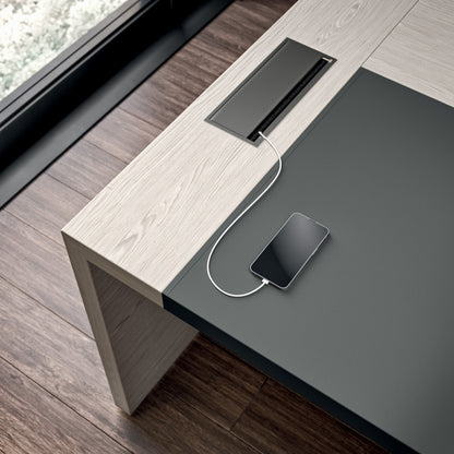 Quadrifoglio e-10 Wood veneer desk with RH/LH return unit, supporting cabinet and lacquered legs