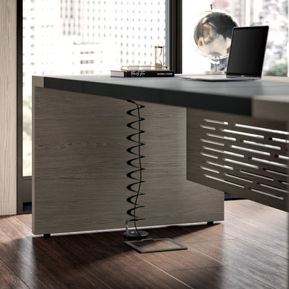 Quadrifoglio e-10 Wood veneer desk with RH/LH return unit, supporting cabinet and lacquered legs