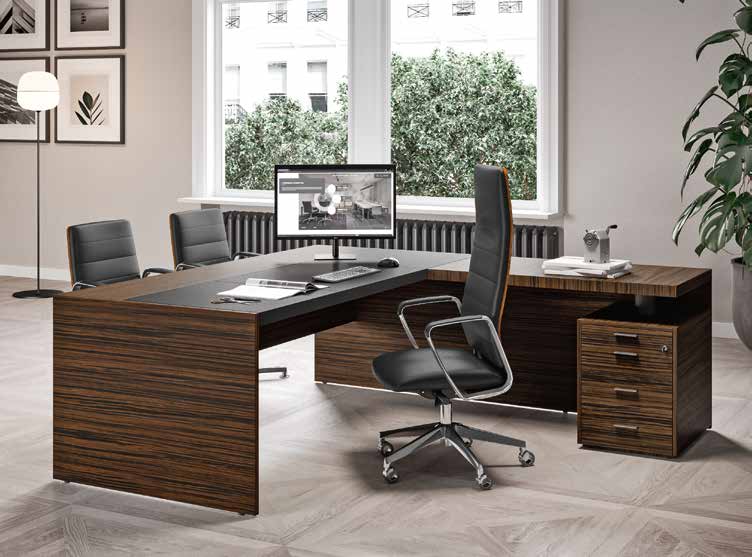 Quadrifoglio e-9 Wood veneer desk with leather insert, RH/LH return unit, supporting cabinet, melamine modesty panel and legs — manufacturer photograph; dimensions, finishes and return layout follow the selected configuration