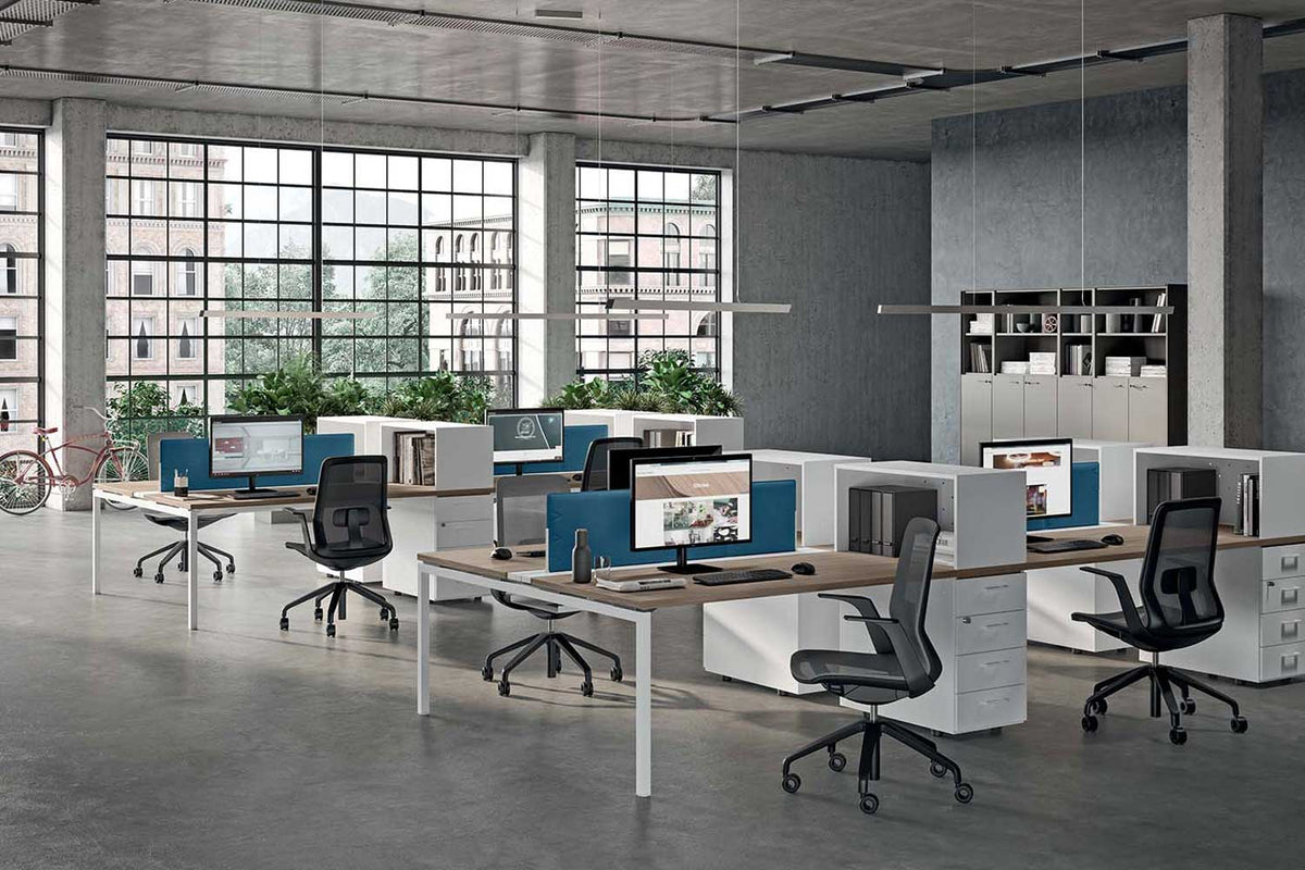 Quadrifoglio Idea+ 01 4-person bench with 80cm deep tops and integrated desk high cabinets