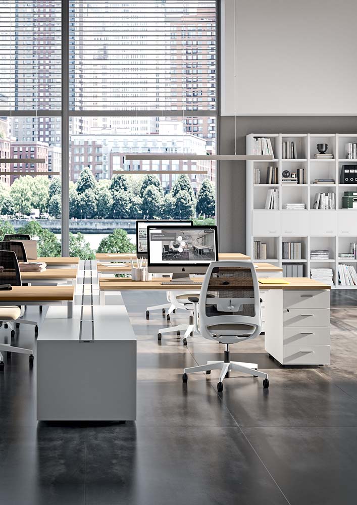 Quadrifoglio Idea+ 01 Row of two 80cm deep desks with integrated desk high 4-drawer LH and middle pedestals