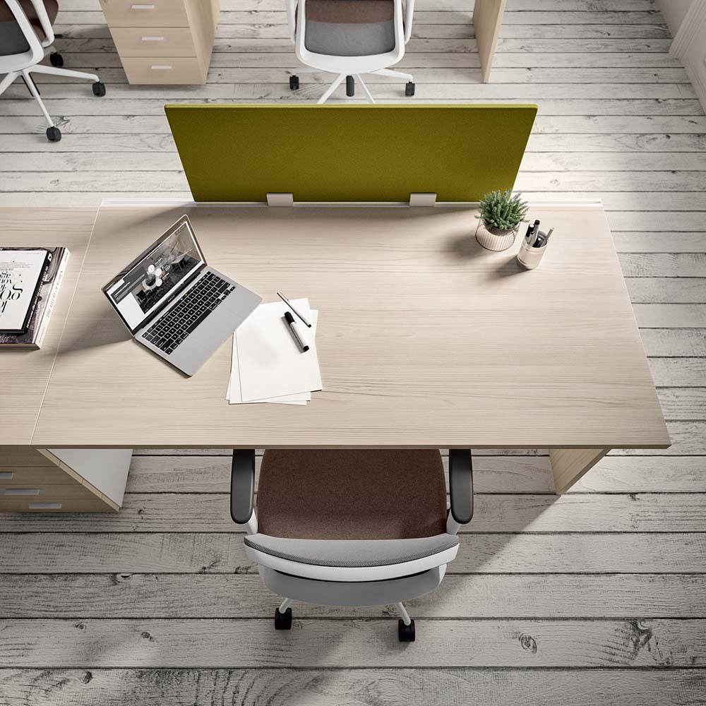 Quadrifoglio Idea+ Pannello Row of two 80cm deep desks with integrated desk high 4-drawer RH and middle pedestals