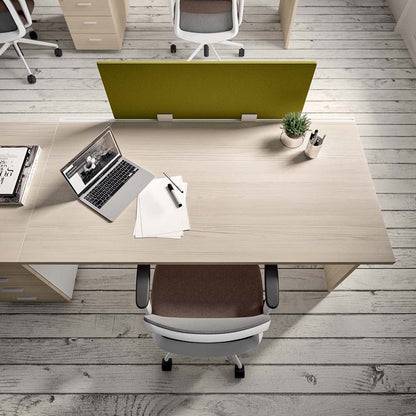 Quadrifoglio Idea+ Pannello Row of two 80cm deep desks with integrated desk high 4-drawer RH and middle pedestals
