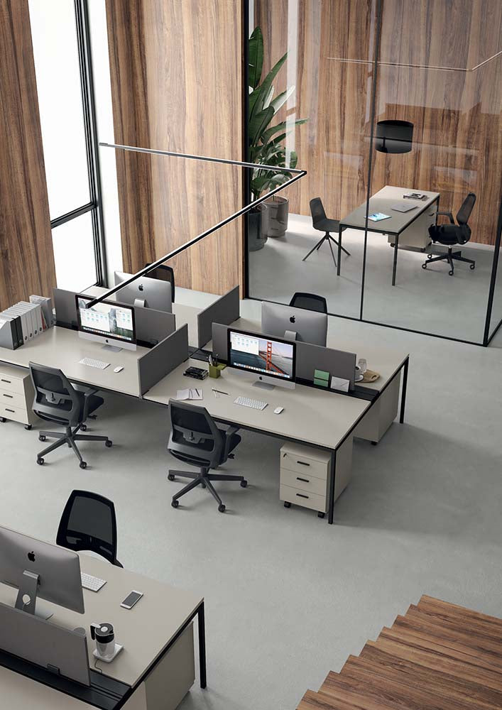 Quadrifoglio X1 Two 80cm deep desks supported on a cable managed low credenza unit