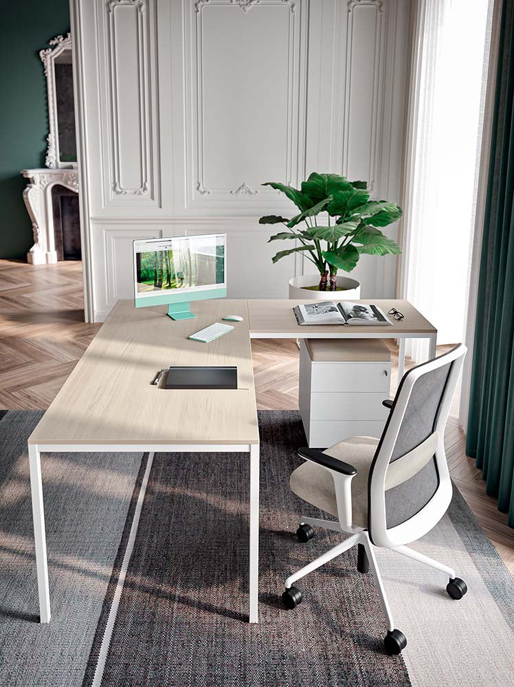 Quadrifoglio X1 Desk top depth 80 with right service unit, 3 drawers + doors