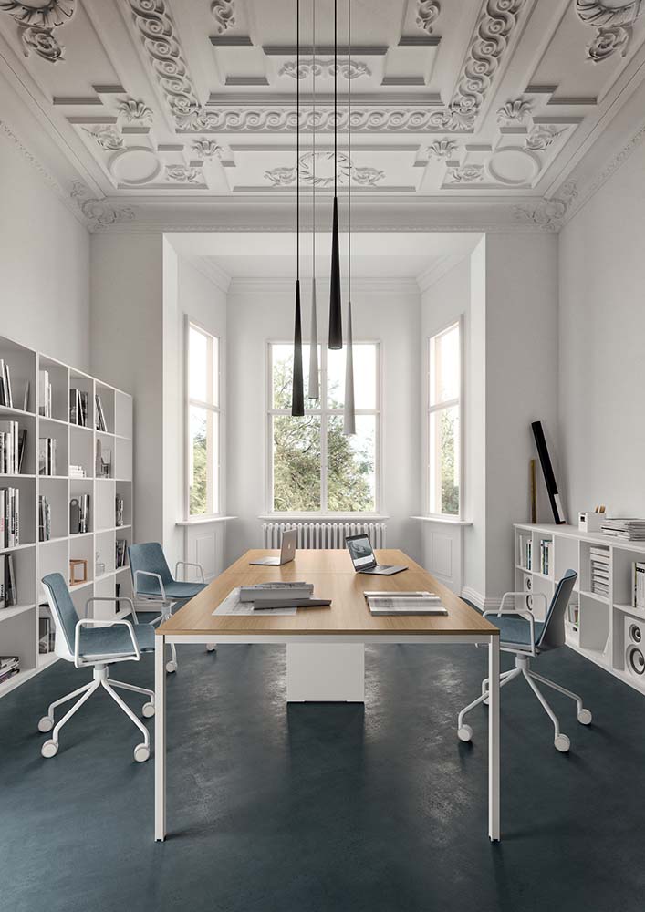 Quadrifoglio X1 Two 80cm deep desks supported on a cable managed low credenza unit