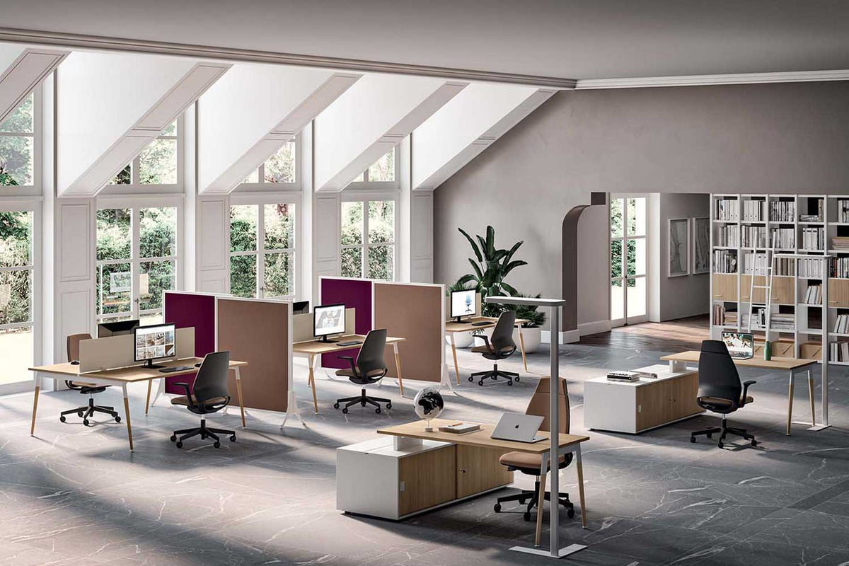 Quadrifoglio X3 Two 80cm deep desks supported on a low credenza unit