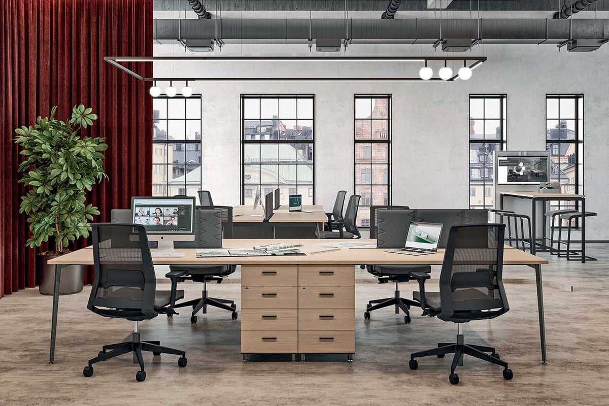Quadrifoglio X3 Two 80cm deep desks supported on a cable managed low credenza unit