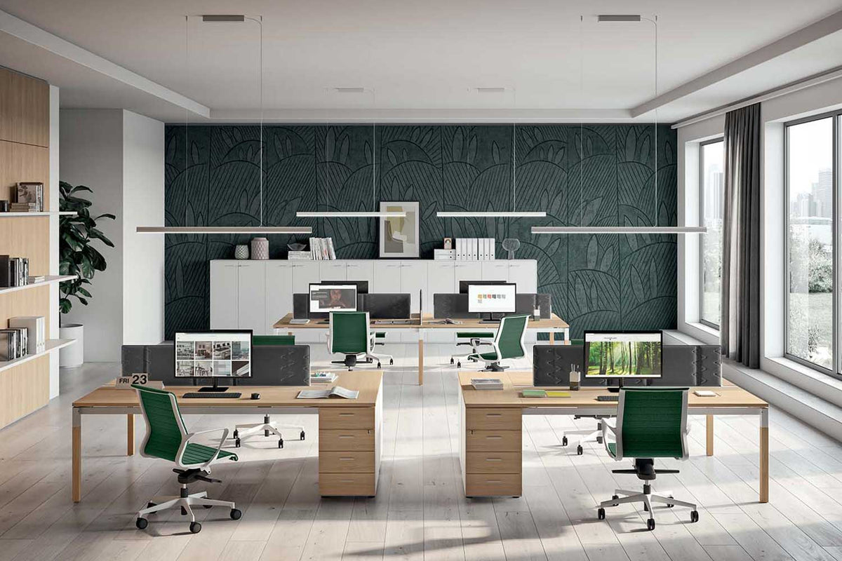 Quadrifoglio X4 4-person bench with 80cm deep tops and integrated desk high cabinets