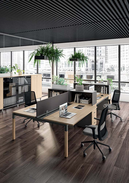 Quadrifoglio X4 4-person bench with 60cm deep tops supported on four cable managed low credenza units