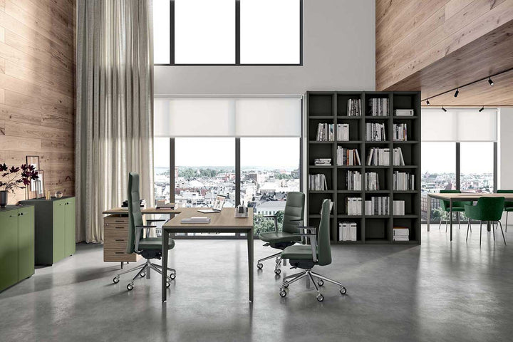 Quadrifoglio X5 2-person bench with 80cm deep tops and RH/LH integrated desk high cabinets