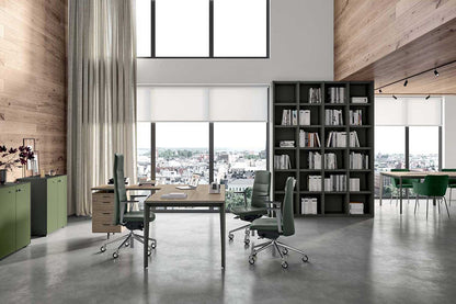 Quadrifoglio X5 Row of two 80cm deep desks with integrated desk high cabinets