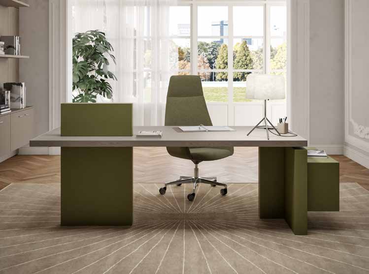 Quadrifoglio X12 Straight desk with veneer top, lacquered RH panel end leg and LH monolith leg with two height adjustable columns — original manufacturer photograph; selected dimensions, finishes and support layout apply